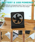 Ultra Quiet 6.8 Inch Desk Fan With Battery And USB Power connected to power sources, showing USB, laptop, and power bank.