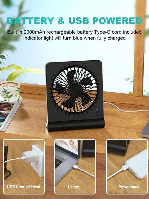 Ultra Quiet 6.8 Inch Desk Fan With Battery And USB Power connected to power sources, showing USB, laptop, and power bank.