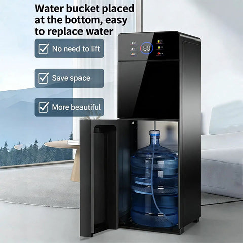 Hot Water Dispenser That Heats In 3 Seconds With 3 Temperature Settings For Kitchen And Home Office Compact Countertop Water Dispenser For Hot Warm Or Cold Water With Easy Tap Controls, showing bottom water bucket placement