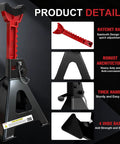 Heavy Duty 3 Ton Jack Stands With Adjustable Height From 11.22 To 16.54 Inches, 6,600 Lbs Per Stand, Double Pin Lock, Black And Red