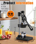 Heavy Duty Manual Cast Iron Citrus Juicer Hand Press Squeezer For Fresh Orange Lemon Juice Stable Black Countertop Kitchen Tool on a kitchen counter, measuring 16.95 inches tall.