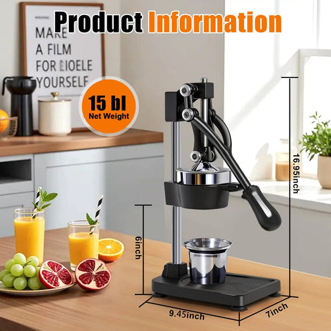 Heavy Duty Manual Cast Iron Citrus Juicer Hand Press Squeezer For Fresh Orange Lemon Juice Stable Black Countertop Kitchen Tool on a kitchen counter, measuring 16.95 inches tall.