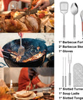 Collage of 35 Piece Camping Kitchen Utensil Set Portable Outdoor Cooking Tools For Camping RV Backpacking And BBQ Complete Camp Kitchen Gear With Carry Bag Grilling Tools And Cooking Accessories, showing utensils and grilling action