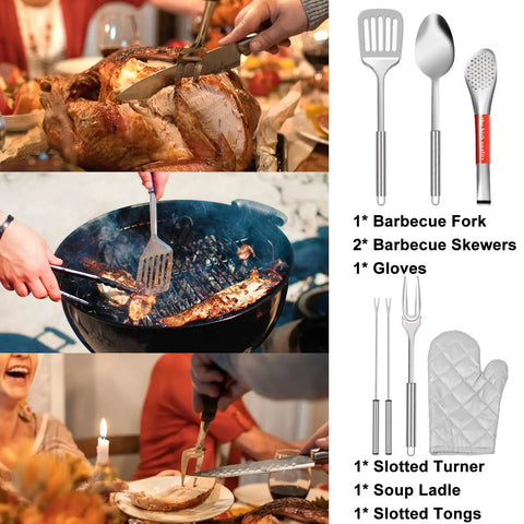 Collage of 35 Piece Camping Kitchen Utensil Set Portable Outdoor Cooking Tools For Camping RV Backpacking And BBQ Complete Camp Kitchen Gear With Carry Bag Grilling Tools And Cooking Accessories, showing utensils and grilling action