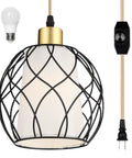 Plug In Pendant Light With Linen Shade For Industrial Farmhouse Style Black Ceiling Lamp On 15ft Golden Cotton Cord Dimmable Switch Eye Friendly Soft Light Perfect For Kitchen Island Or Living Room Bulb Included