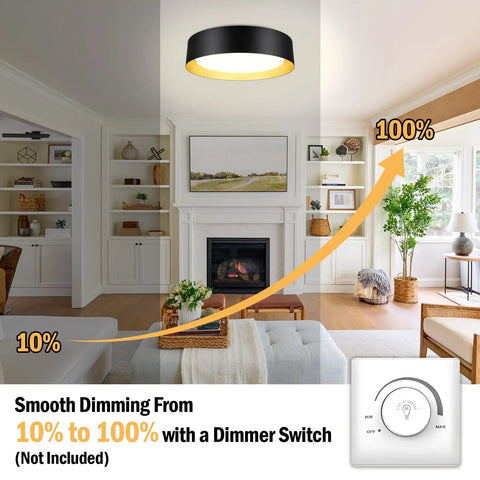 Illustration of Flush Mount LED Ceiling Light 13 Inch 2400 Lumens 25W Dimmable With 3 Color Temperatures in a living room setting.