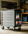Side view of workshop cart with Four Pack Magnetic Spray Can Holders For Garage And Home Workshop Grab And Go Wall Mounted Tool Organizer