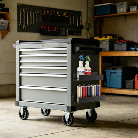 Side view of workshop cart with Four Pack Magnetic Spray Can Holders For Garage And Home Workshop Grab And Go Wall Mounted Tool Organizer