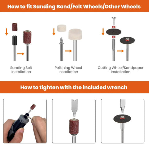 Installation guide for sanding bands and polishing wheels with Go To Heavy Duty Rotary Tool Bits Kit With Universal Collet Set.