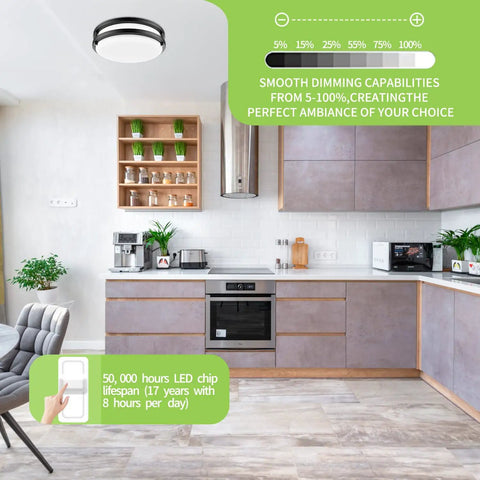 10 Inch Flush Mount LED Ceiling Light Dimmable 2200 Lumen 24W 3000K 4000K 5000K Black Two Pack in modern kitchen setting
