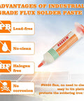 Image of No Clean Solder Flux Paste, Lead Free, 30mL with highlighted advantages including lead-free, no-clean, halogen-free, and no corrosion.
