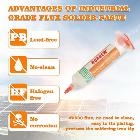 Image of No Clean Solder Flux Paste, Lead Free, 30mL with highlighted advantages including lead-free, no-clean, halogen-free, and no corrosion.