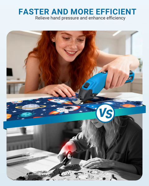 Vloxo 4 Volt Cordless Electric Cardboard Cutter Scissors Rechargeable Box Opener With 10000 RPM Motor cutting colorful fabric on a table.