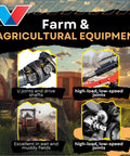 Farm and agricultural equipment featuring U-joints, drive shafts, and machinery used in high-load, low-speed applications.