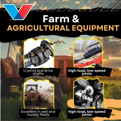 Farm and agricultural equipment featuring U-joints, drive shafts, and machinery used in high-load, low-speed applications.