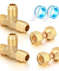Brass Tube Fitting Kit With Flare Tee Fittings Three Eighths Inch, Brass Three Eighths Inch Female Flare Swivel Adapters, And Two Compression Tee Connectors Plus Waterproof Adhesive Tape Pack For Quick No Fuss Valve Setup. Brass tee fittings with tape