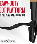 Close-up of Stand Up Weed Puller Tool With Heavy Duty 4-Claw Steel Head And Solid Bamboo Handle foot platform, black steel claws visible.