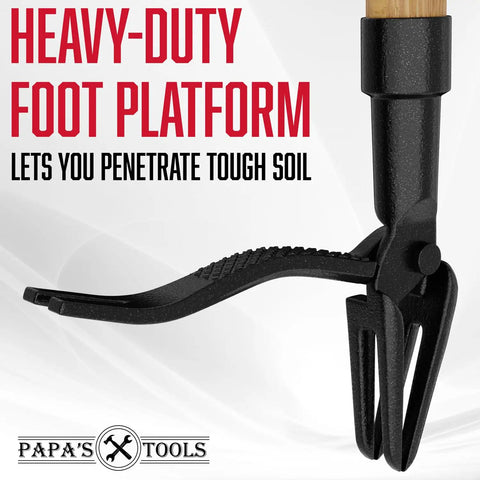 Close-up of Stand Up Weed Puller Tool With Heavy Duty 4-Claw Steel Head And Solid Bamboo Handle foot platform, black steel claws visible.