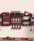 Power Tool Organizer With Charging Station And Eight Outlet Power Strip Three Tier Tool Rack With Eight Drill Slots