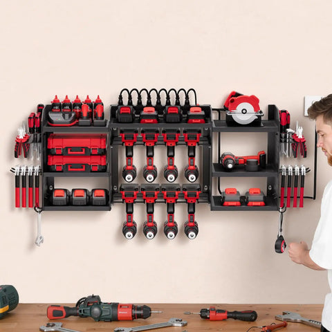 Power Tool Organizer With Charging Station And Eight Outlet Power Strip Three Tier Tool Rack With Eight Drill Slots