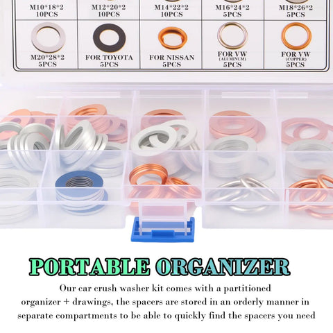 105Piece Car Oil Drain Plug Gasket Set With M10 To M20 Crush Washers 15 Specifications OEM References in organized case