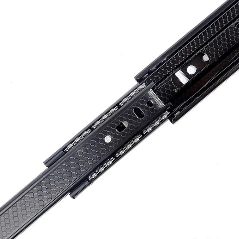 Rugged 18 Inch Full Extension Drawer Slides With Ball Bearings For Side Mount Cabinets Four Pack Black Steel Rails close-up view of sliding mechanism.