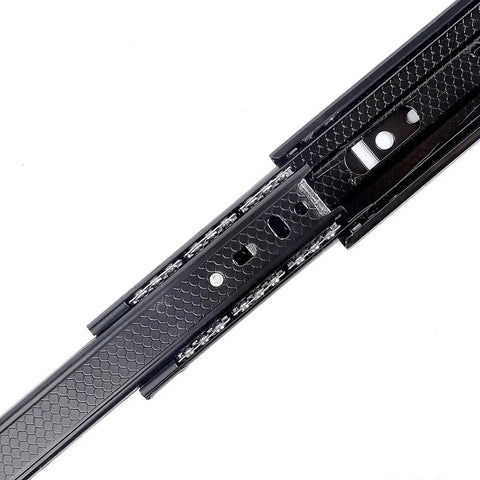 Close-up of 18 Inch Full Extension Ball Bearing Drawer Slides 2 Pack Heavy Duty Side Mount Cabinet Rails in black with ball bearings.