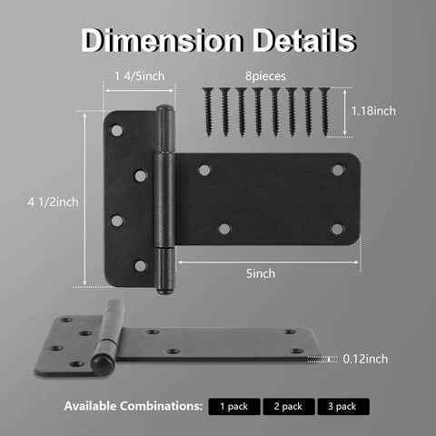 Genuine 5 Inch Matte Black Door Hinges 4 Pack Heavy Duty Gate Hardware dimensions with screws and measurements displayed.
