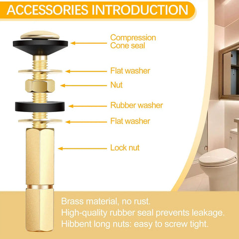 Diagram of Heavy Duty Toilet Tank Bolt Kit 4 Pack Stainless Bolts Brass Nuts Easy Install detailing components