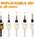 Carbide Tipped Countersink Drill Bit Set, 5 Pack With Low Friction Depth Stop and Quick Change One Quarter Inch Hex Shank For Wood, Plastic And Woodworking, Free Spinning Collar, Pro Grade Replaceable Blade And Bit displayed in various sizes