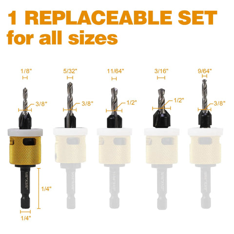 Carbide Tipped Countersink Drill Bit Set, 5 Pack With Low Friction Depth Stop and Quick Change One Quarter Inch Hex Shank For Wood, Plastic And Woodworking, Free Spinning Collar, Pro Grade Replaceable Blade And Bit displayed in various sizes