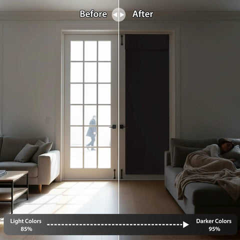 Sightlight French Door Curtains For Privacy And Thermal Insulation, Easy One Minute Install With Adhesive Straps, No Drill Required, 12 Inch By 69 Inch Brown One Panel, Perfect For Patio Front Or Glass Doors, showing before and after installation effect in a living room.