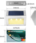 Stainless Steel Solar Step Lights Outdoor Waterproof LED Path Lights dimensions, showing solar panel, LED bulbs, and size comparison.