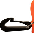Close-up of black clip attached to bright orange diving mouthpiece cover for regulator, silicone shield to protect mouthpiece.