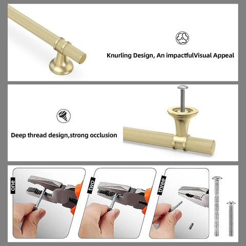 10 Pack 5 Inch Brushed Gold Cabinet Handles Premium Aluminum Zinc Alloy showing knurling detail and threading for easy installation.