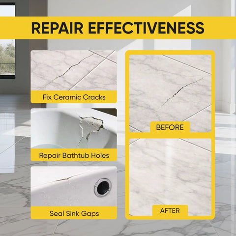 Before and after repair of cracked marble tile with Fast-Setting Tile Repair Glue For Cracked Marble, Ceramic And Porcelain Tiles.