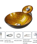 USZWBY Bathroom Vessel Sink,Tempered Glass Yellow Art Basin Round Bowl, 16.5" Bathroom Sinks with Waterfall Faucet and Pop Up Drain,Countertop Installation close-up view