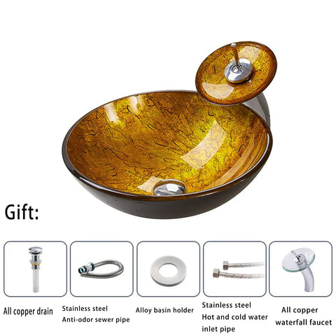 USZWBY Bathroom Vessel Sink,Tempered Glass Yellow Art Basin Round Bowl, 16.5" Bathroom Sinks with Waterfall Faucet and Pop Up Drain,Countertop Installation close-up view