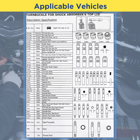 Applicable vehicles list for Heavy Duty 47 Piece Shock Absorber Socket Wrench Set With Pass Through Sockets And Nut Removal Tool