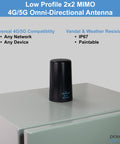 Straight Plug N Go 4G And 5G MIMO Wireless Antenna With Low Profile Panel Mount Setup on a flat surface.