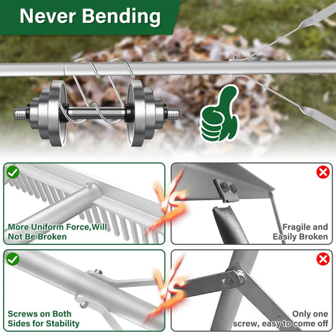 Aluminum Landscape Rake 36 Inch Head 67 Inch Handle showing never bending design and stable screws