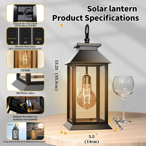 2 Pack Dope Outdoor Solar Lanterns With Hanging Glass Lights Waterproof Dual Power Solar Or 2 AA Batteries shown on table