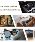 Straight Up Smooth Portable 12V Car And Home Espresso Maker Takes Ground Coffee And Capsules 15 Bar Pump, shown in travel scenarios.