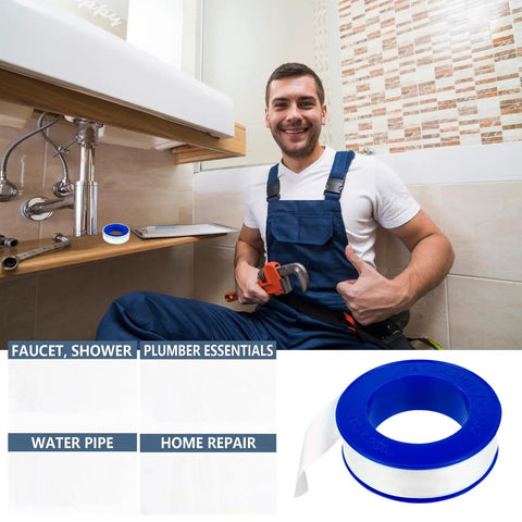 Heavy Duty Teflon Tape For Plumbing Half Inch Wide And 520 Inches Long High Density PTFE Thread Sealant shown with plumber
