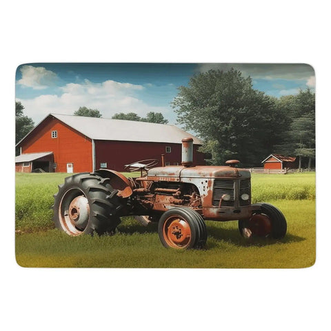 Farm Tractor Bath Mat With Soft Coral Fleece, Ultra Absorbent Kitchen And Bathroom Rug showing a tractor in front of barns