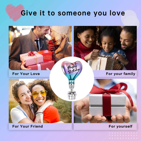Hot Air Balloon Happy Birthday Dangle Charm in 925 Sterling Silver with Pink Purple and Blue Enamel as gift idea for loved ones