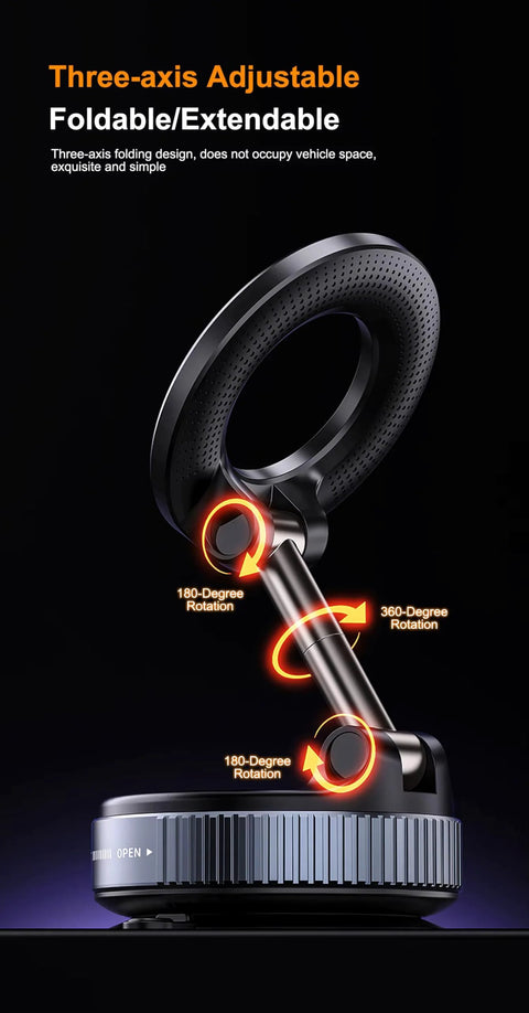 Car phone mount with 360° vacuum suction, 3-axis adjustable foldable arm, black finish.