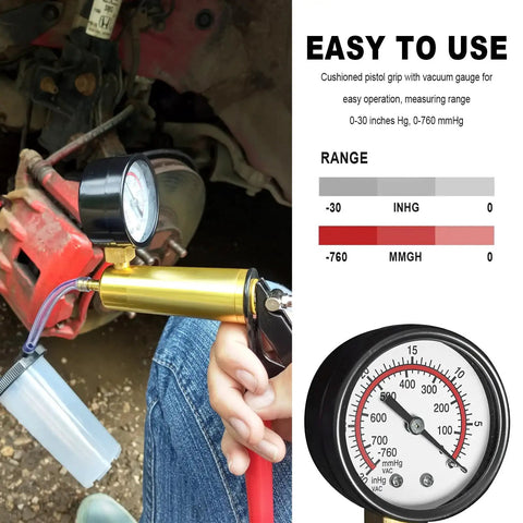Backyard Mechanic Handheld Vacuum Pump Brake Bleeder Kit With Live Pressure Tester And Universal Gauge Adapters in use with gauge.
