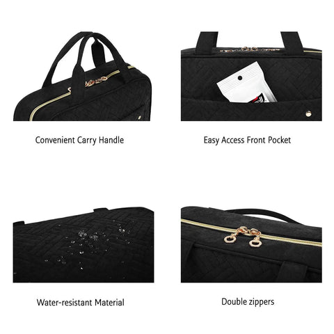 Ultra Large Toiletry Organizer Bag With Hook showing carry handle, easy access pocket, water-resistant material, and double zippers detail.