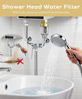 Shower scene with visible "2 Pack Brass Sediment Filter Reusable Washing Machine Water Filter 50 Micron Anti Scale Anti Rust Mud Sand Traps Yellow Mini For Water Heater Garden RV" showcasing sediment filtration.